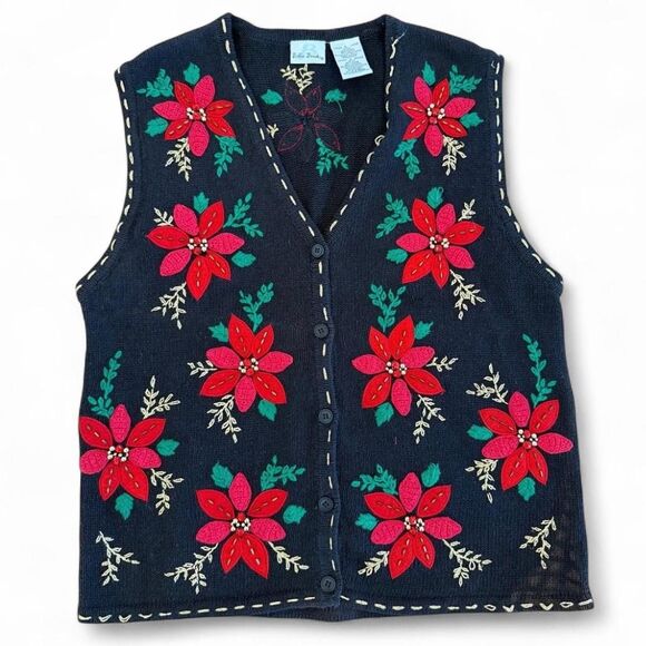 Vintage Embroidered and embellished Christmas Poinsettia Sweater Vest - Picture 1 of 4